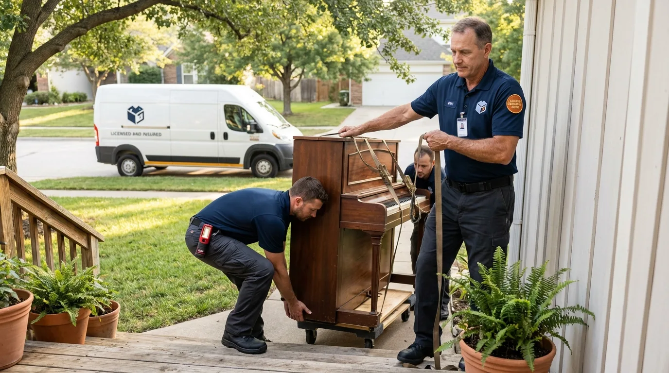 Licensed piano movers securing grand piano in Lapeer, MI